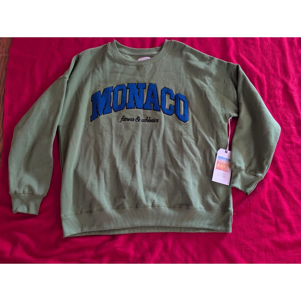 April Kiss Womens XL Green Monaco Letterman Crewneck Sweatshirt 20797JFT836
